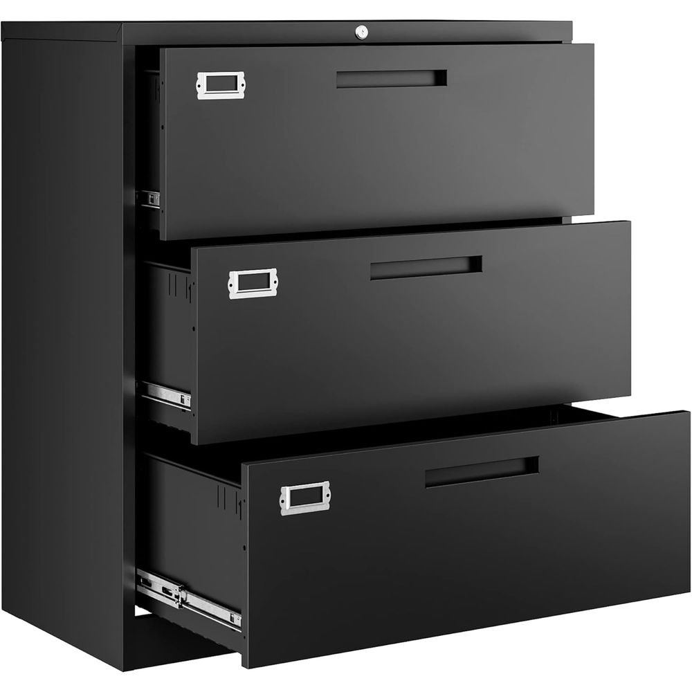File Cabinet Lateral - Black Lateral 3 Drawer Locked Metal