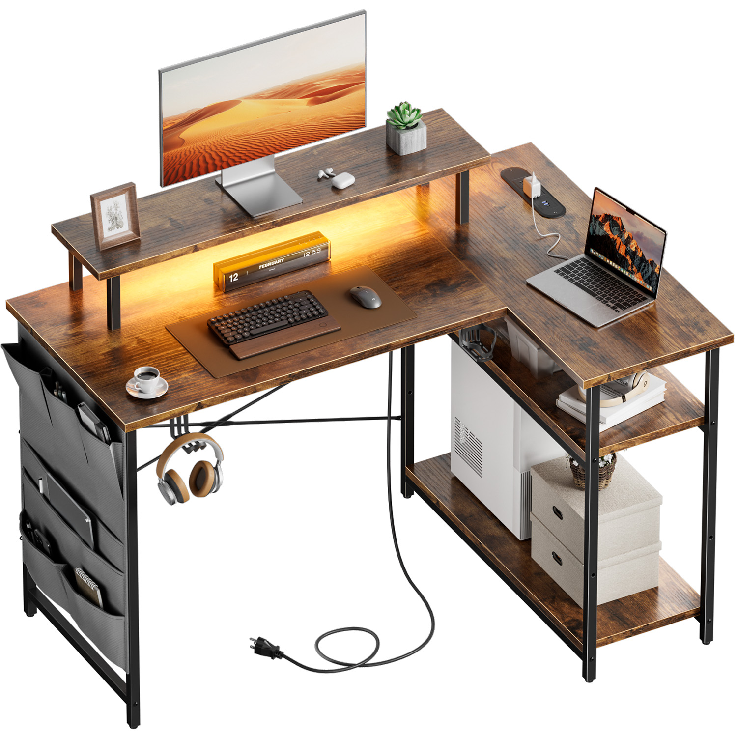 Gaming Desk With Hutch - L-Shaped Computer Desk, featuring power outlets