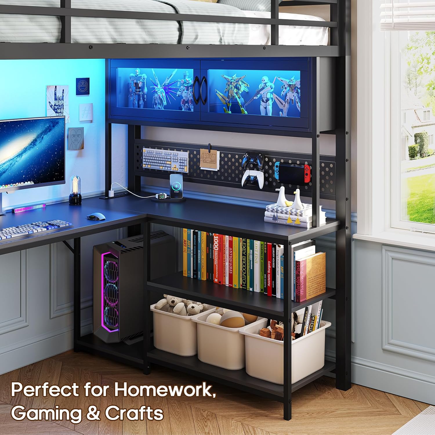 Gaming Desk With Hutch - Twin Loft Bed with L-Shaped Gaming