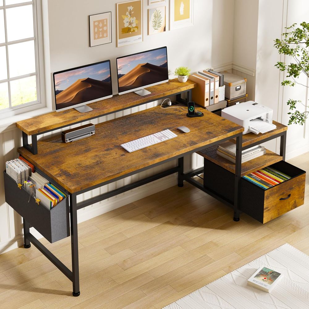 Gaming Desk With Hutch - Rustic Brown 56.5 Office Desk with