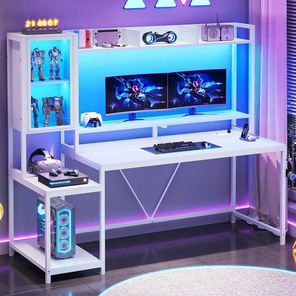 60 LED-lit Gaming Desk with Hu - Gaming Desk With Hutch 评论和价格