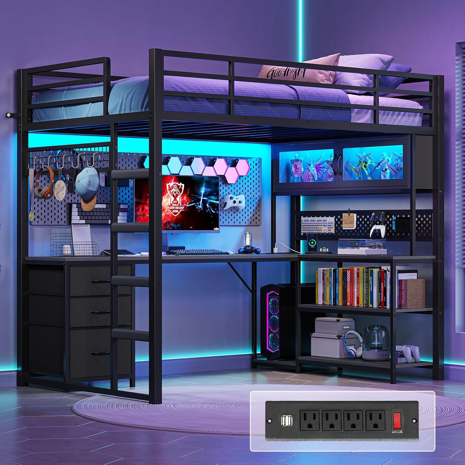 Twin Loft Bed with L-Shaped Ga - Gaming Desk With Hutch 评论和价格