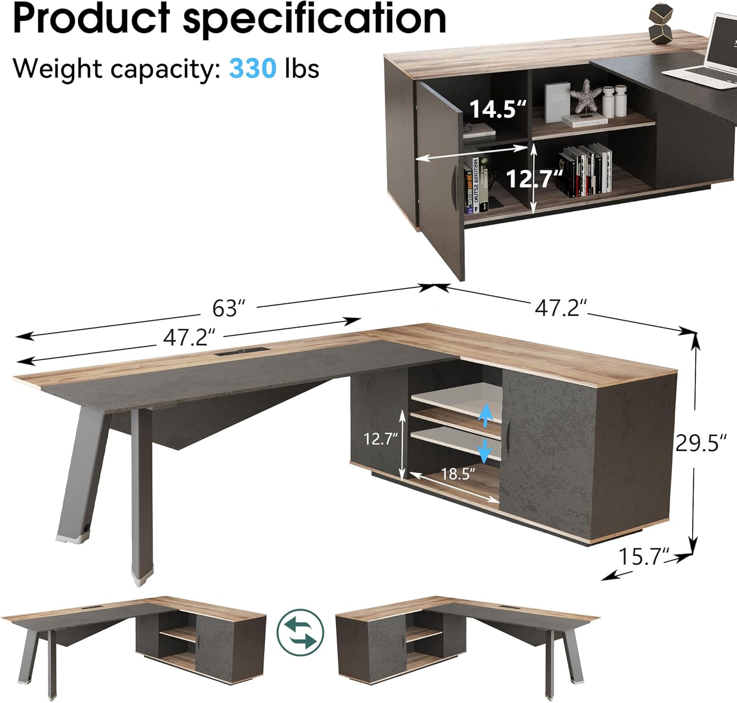 63in L-Shaped Executive Desk w - File Cabinet Lateral 评论和价格