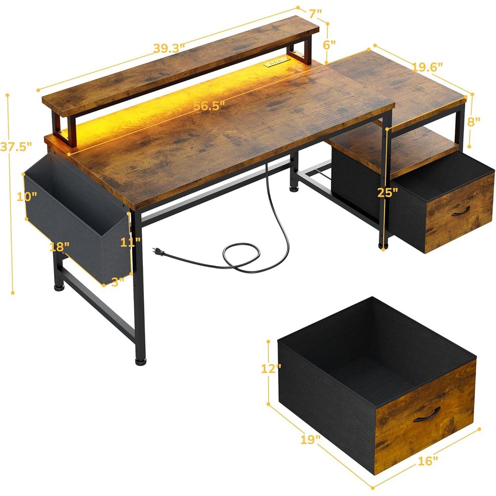 Rustic Brown 56.5 Office Desk  - Gaming Desk With Hutch 评论和价格