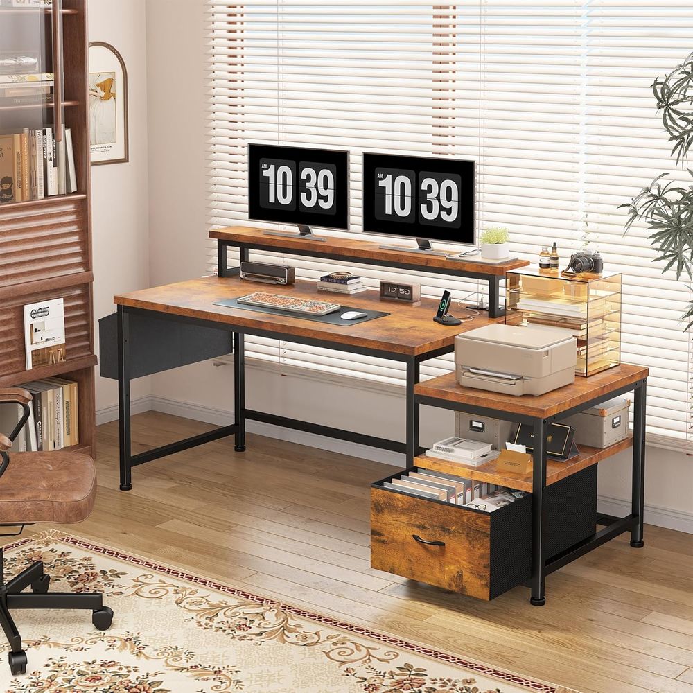 Rustic Brown 56.5 Office Desk  - Gaming Desk With Hutch 评论和价格