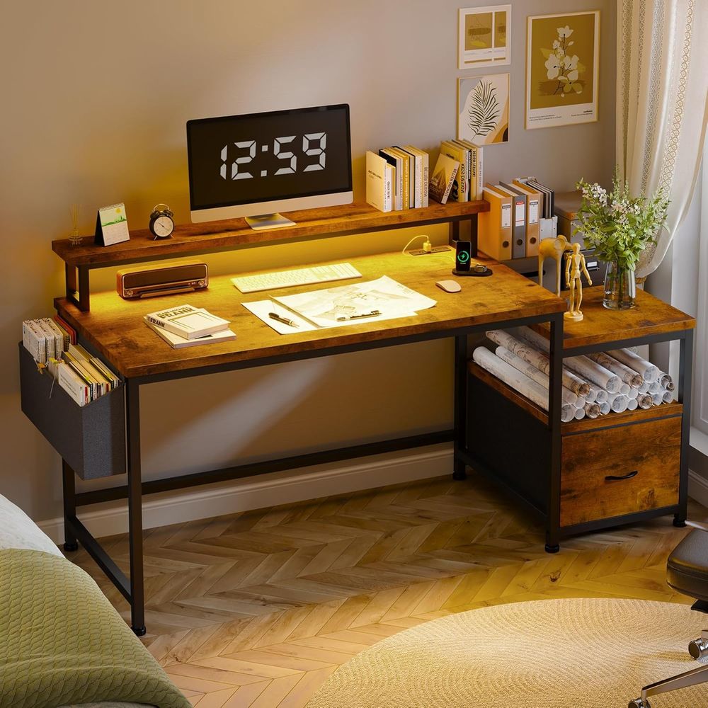 Rustic Brown 56.5 Office Desk  - Gaming Desk With Hutch 评论和价格